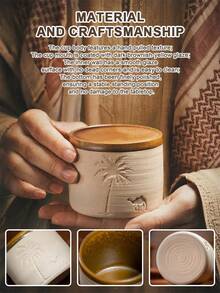 Powcan 手工陶瓷咖啡杯，壓花棕櫚與駱駝圖案，寬口設計附托盤，保溫無把手馬克杯，適合居家款待、學校便當盒與精緻禮品 - 米色 - 查看 2