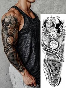 1 Pc Full Arm Temporary Tattoo Sleeve, Black & Grey Gothic Skull Warrior Ship Design, Steampunk Mechanical Style Fake Tattoo Sticker, Realistic Body Art, Waterproof Long Lasting Tattoo Transfer For Men - Black - View 12
