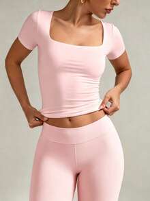 XLLAIS Solid Color Short Sleeve Square Neck Basic Women's Top, Stretchy Fitted Valentine's Day Pink T-Shirt Casual Summer - Baby Pink - View 5