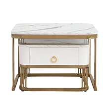 Nestable Coffee Table: High Gloss Marble Exterior, Gold Accents, Side Table With Drawer. Set Of Two - Multicolor - View 6