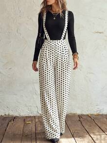 Women's Two Pieces Outfit: Stretchy Top & Non-Stretch Polka Dot Suspender Wide Leg Pants For Casual Office Daily - Black and White - View 5