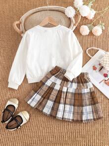 2pcs/Set Girls' Academy Style Spring/Autumn Outfit, Black Bow Button Long Sleeve Sweatshirt With Vintage Plaid Pleated Skirt - White - View 2
