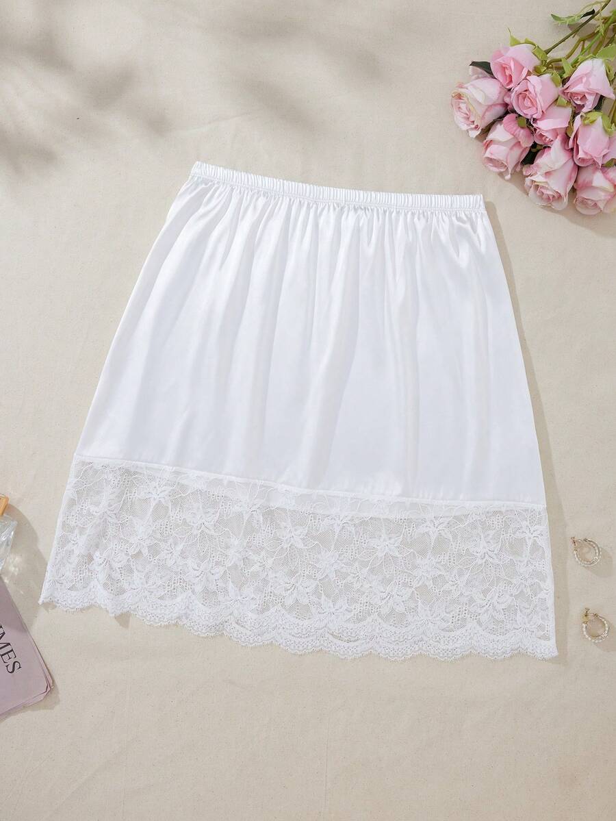 Plus-Size Women's Lace-Panel High-Waisted Mid-Length Petticoat: Comfortable Elastic Waistband, Versatile For Everyday Wear, Opaque Underskirt - White - View 1