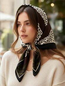 1pc Smooth Satin Square Scarf, Leopard Print Patchwork Geometric Stripe Pattern, Soft Lightweight Multi-Use Small Neck Scarf, Can Be Used As Headscarf, Hairband, Neck Scarf, Bag Decoration, Women's Daily, Workplace, Travel Matching Accessory, Vintage Elegant All-Season Versatile Style - Multicolor - View 3