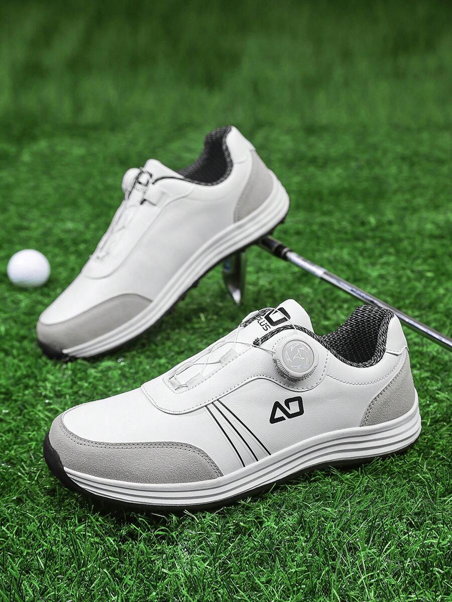 Men's 2026 New White & Gray Patchwork Golf Shoes, Rotating Buckle Lace-Free, Breathable Leather Upper, Outdoor Sports Shoes, Versatile Daily Commute, All-Season Style - White - View 1