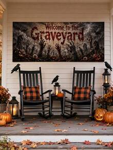 1件裝 Welcome To The Graveyard 萬聖節橫幅，恐怖風聚酯纖維長方形壁掛裝飾牌，印有殭屍手、南瓜與墓碑圖案，適用門廊、居家、鬼屋派對裝飾 - 多色 - 查看 7
