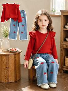 Girls Red Waffle Knit Flutter Sleeve Long Sleeve Top & Cherry Embroidered Frayed Hem Straight Leg Denim Jeans 2 Pieces Set, Sweet Style Spring/Autumn - Red - View 1