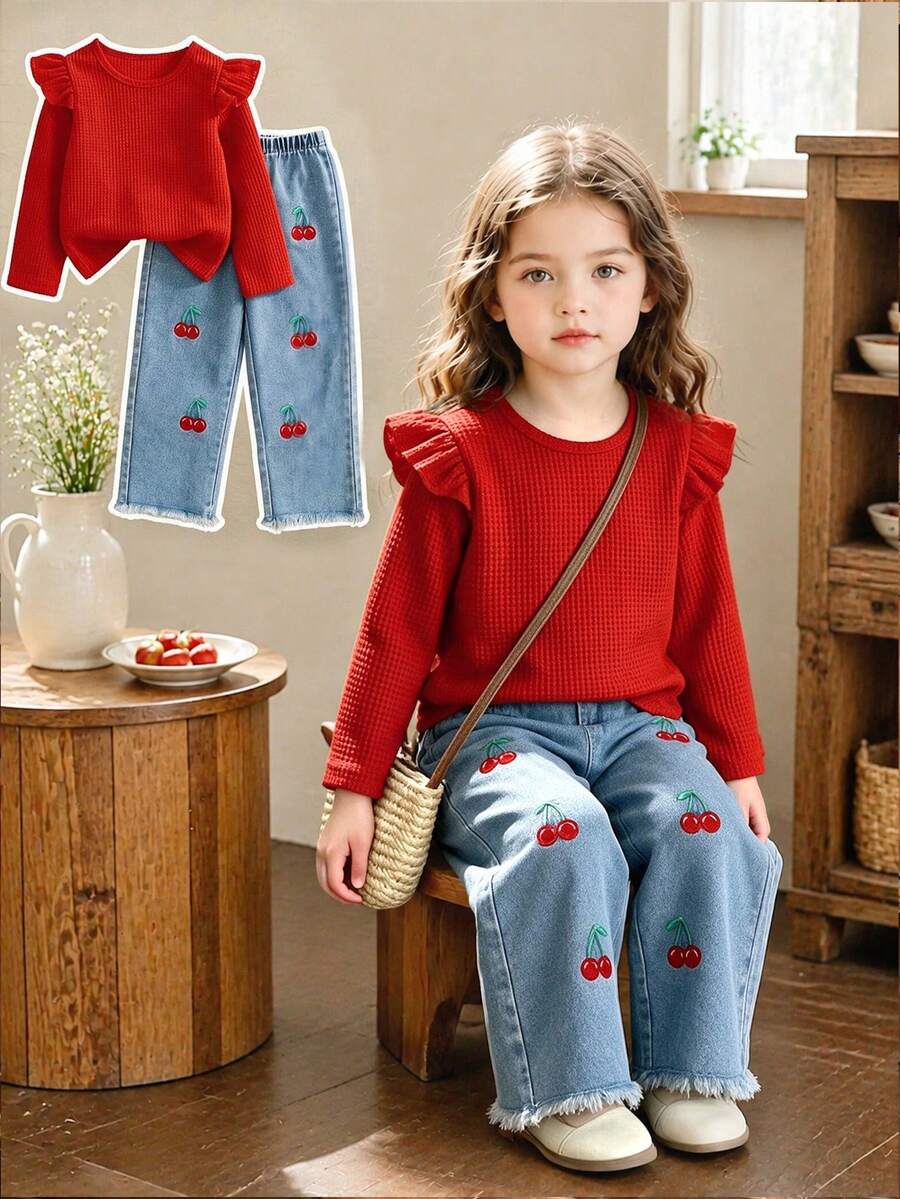 Girls Red Waffle Knit Flutter Sleeve Long Sleeve Top & Cherry Embroidered Frayed Hem Straight Leg Denim Jeans 2 Pieces Set, Sweet Style Spring/Autumn - Red - View 1