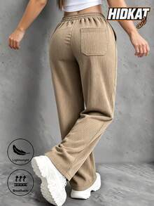 Hidkat Women's Thin Corduroy Straight Leg Pants With Drawstring Waist And Pockets For Home, Daily, Outdoor And Casual Wear - Khaki - View 3