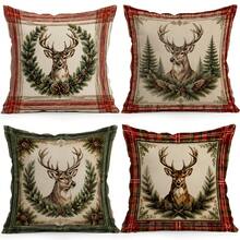 4pcs Vintage Plaid Deer Christmas Pattern Pillow Covers, Single-Sided Printed Pillow Covers, Suitable For Living Room, Bedroom, Home Decor, All Season Pillow Covers - Multicolor - View 1