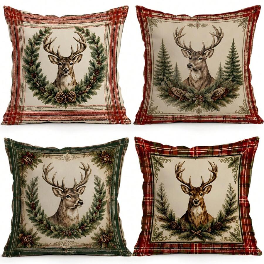 4pcs Vintage Plaid Deer Christmas Pattern Pillow Covers, Single-Sided Printed Pillow Covers, Suitable For Living Room, Bedroom, Home Decor, All Season Pillow Covers - Multicolor - View 1