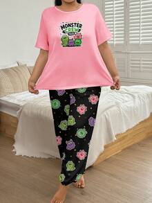 Plus Size Women's Casual Loungewear Pajama Set, Cute Funny Cartoon Monster Dinosaur Print Short Sleeve Top & Long Pants 2 Pieces Set - Pink - View 5