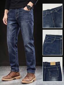 Men's Minimalist Slim Fit Denim Jeans With Light Distressed Cat Whisker Wash, Comfortable Stretch Fit, Non-Tight, Versatile Casual Everyday Work Jeans - Dark Wash - View 1