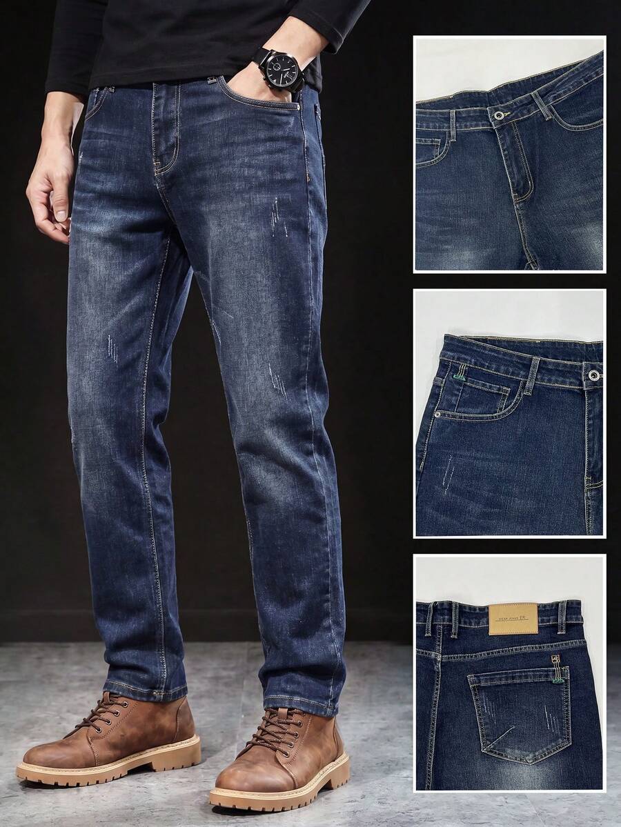 Men's Minimalist Slim Fit Denim Jeans With Light Distressed Cat Whisker Wash, Comfortable Stretch Fit, Non-Tight, Versatile Casual Everyday Work Jeans - Dark Wash - View 1