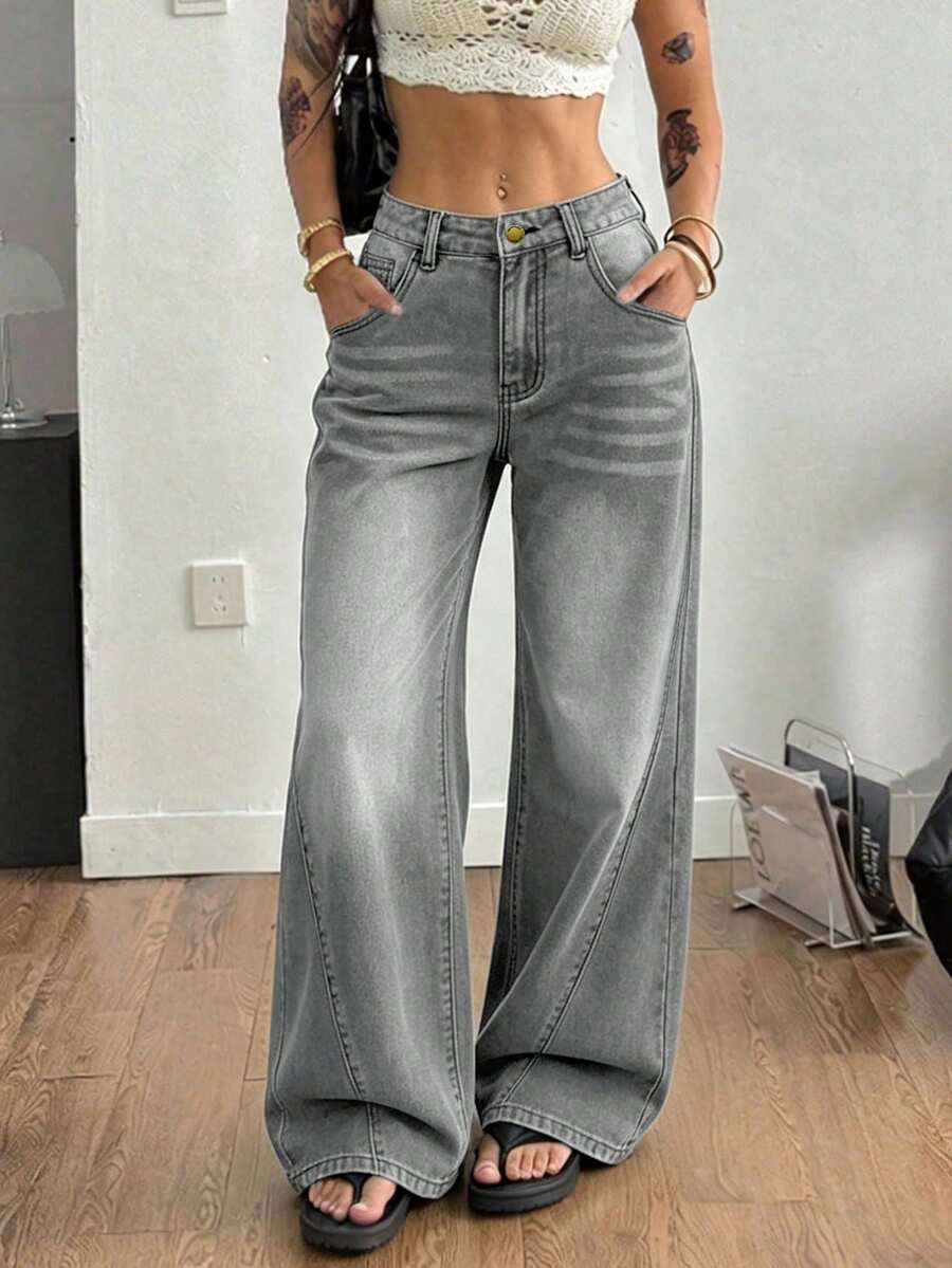 Women's Casual Structured Patchwork Jeans, Autumn Outfit - Light Grey - View 1
