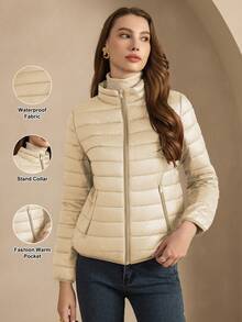 ZIAI Women's Lightweight Down Jacket, Solid Color Stand Collar, Winter - Beige - View 2
