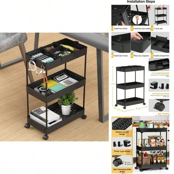 3 Tier Rolling Cart With Wheels, Storage Art Trolley Organizer Serving, 3 Hanging Baskets Easy Assembly, Office, Bathroom Living Room, Kitchen, Black