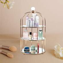 OUKANING Gold 3-Tier Birdcage Makeup Organizer Tray, Iron Crystal Half Open Cosmetic Jewelry Storage Display Rack For Dresser Tabletop Decor - Gold - View 9