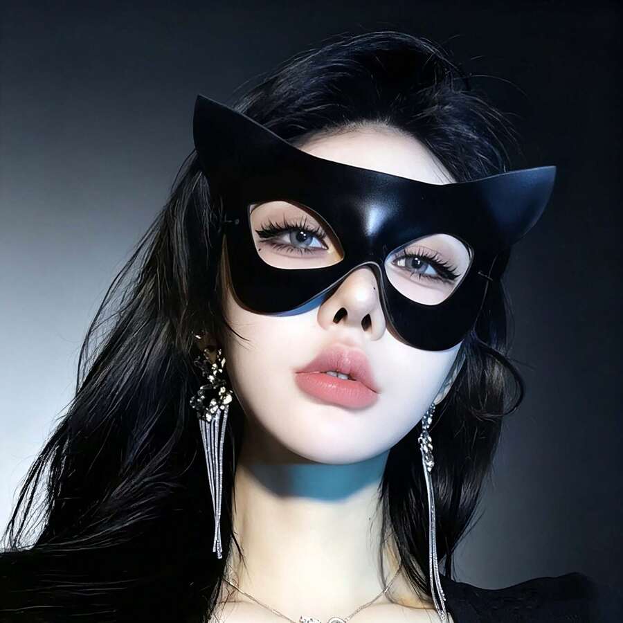1pc/Luxury Glossy Black Cat Ear Half Face Mask, Women's Concave Eye Mask, Mysterious Elegant Royal Style, Suitable For Party - Multicolor - View 1