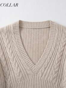Women's Apricot V Neck Cable Knit Sweater, Textured Cropped Long Sleeve Casual Pullover, Versatile Fall Winter Daily Knit Top - Beige - View 10