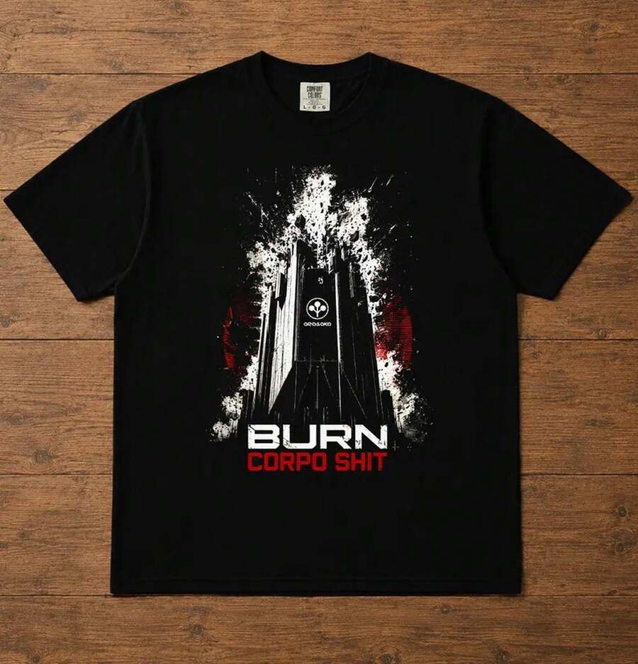 Camiseta Cyberpunk 2077 Arasaka Tower Burn Corpo | Camiseta de Streetwear Night City Rebel | Camiseta de Gaming | Regalo para él - Negro - Ver 1