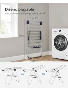 SONGMICS Tendedero de Ropa Plegable, Alas Ajustables, 33 Barras y 27 Pinzas, Perchero Metálico para Ropa Sucia, Plata y Azul MLLR52BU - Plata  Azul - Ver 5