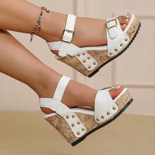 Women's Platform Wedge Sandals, Open Toe Double Buckle Sandals With Rivets, Cork Bottom Casual Summer Chunky Heel Shoes - White - View 5