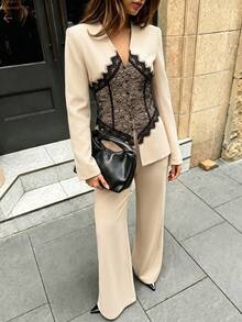 Women's Beige Non-Stretch 2pcs Lace Trim Wide Leg Suit Pants Set, Suitable For Office Work And Formal Occasions - Apricot - View 10