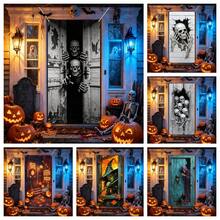 1 pieza Pancarta de puerta de Halloween oscura, calabaza multicolor, esqueleto, bruja, calavera, pared agrietada de terror, tela para cubrir la puerta, decoración espeluznante para el porche delantero y la puerta principal del hogar, decoración para fiesta de Halloween, casa embrujada, entrada del jardín, fondo de cabina de fotos, Navidad, Halloween - Fondo de Halloween - Ver 4