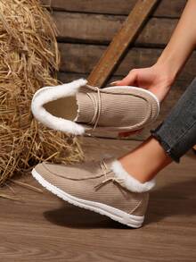 Women Corduroy Fleece Lined Ankle Boots, Warm Slip On Winter Casual Snow Booties With Plush Collar - Khaki - View 4