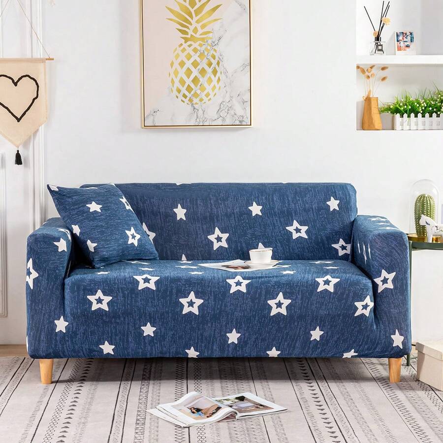 1 pieza Funda elástica con estampado de estrellas para sofá, tela de poliéster de estilo moderno, funda de protección para el hogar, lavable a máquina, uso en todas las estaciones - Neblina azul - Ver 1
