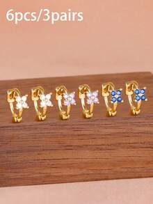 6PCS Fashion Zirconia Four-Petal Flower Hoop Earrings Sets For Women 18K Gold Plated Elegant Hypoallergenic Engagement Birthday Jewelry Gift - 6PCS-gold 1 - View 4