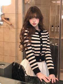 Women's Slim Fit Short Knit Cardigan Top, Striped Sweater, Casual Versatile Jacket For Autumn/Winter Fall - Black and White Stripes - View 1