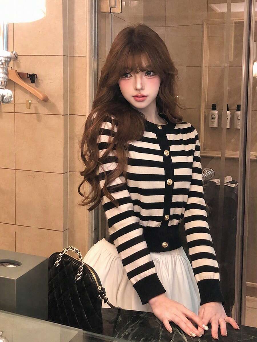 Women's Slim Fit Short Knit Cardigan Top, Striped Sweater, Casual Versatile Jacket For Autumn/Winter Fall - Black and White Stripes - View 1