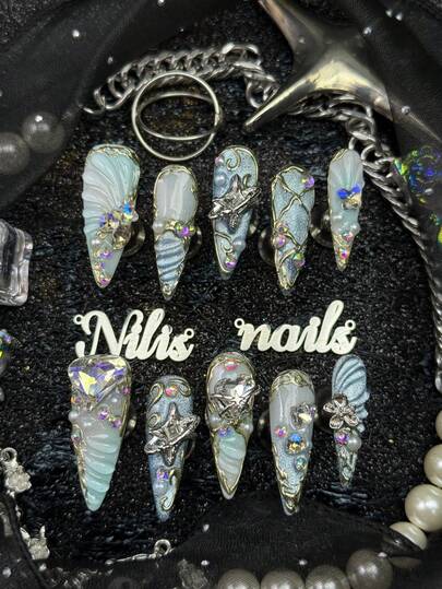 10pcs Handmade Fully Covered Stiletto Nails Press On Nails,Light Blue Mermaid Shell,Summer Marine Y2K Style False Nail,Detachable&Removable For Party,Dance,Daily,With Jelly Glue And Nail File, For Summer Vacation And Sweet Marine Style Fashion Girls