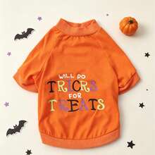 1PC Pet T-Shirt Dog Halloween Orange T-Shirt Funny Letter Print Pet Autumn Outfit Bichon Teddy Small Dog Holiday Party Warm Clothing - Orange - View 3