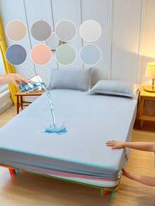 1pc Waterproof Solid Color Fitted Sheet, Soft Comfortable Skin-Friendly Mattress Protector, Modern Minimalist Fabric, Suitable For Twin/Full/Queen/King Bed, Machine Washable Dust-Proof, Sofa Cover - Dusty Blue - View 9