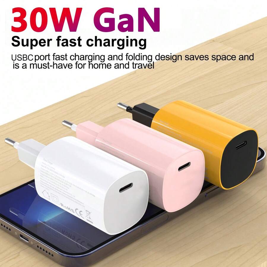 Mini GaN/Gallium Nitride 30W PD Ultra Fast Charging Multi-Color Portable Foldable EU Plug USB C Travel Charger, Space-Saving Power Adapter, Suitable For Phone, Home And Travel Fast Charging - View 1