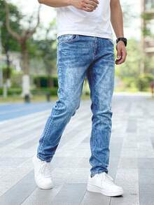 Jeans clásicos azules elásticos para hombres - azul real - Ver 5