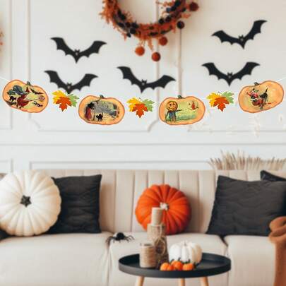 1pc Halloween Vintage Theme Party Decoration Pumpkin And Maple Leaf Banner, Suitable For Halloween Party Decor, Fireplace Decoration, Autumn Wall Decor, Wall Decoration, Halloween Decoration