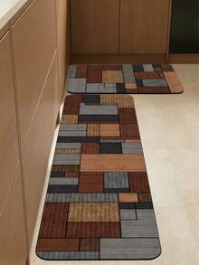 1pc Diatomaceous Earth Kitchen Floor Mat With Patchwork Style Geometric Pattern. The Mat Is Composed Of Multi-Colored Squares, Some Solid And Some With Stripes, Arranged In An Alternating Pattern To Create A Rich And Lively Visual Effect. Luxury Fashion Style Anti-Fatigue Kitchen Rug, Fabric Surface With Absorbent Sponge Core - Multicolor - View 1