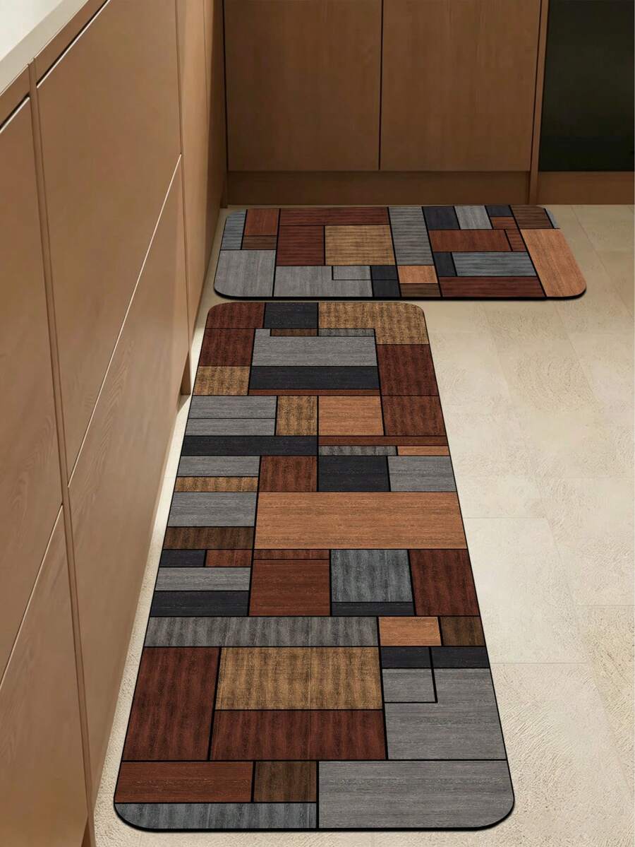 1pc Diatomaceous Earth Kitchen Floor Mat With Patchwork Style Geometric Pattern. The Mat Is Composed Of Multi-Colored Squares, Some Solid And Some With Stripes, Arranged In An Alternating Pattern To Create A Rich And Lively Visual Effect. Luxury Fashion Style Anti-Fatigue Kitchen Rug, Fabric Surface With Absorbent Sponge Core - Multicolor - View 1