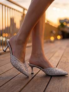 New Spring/Autumn Korean Style Minimalist Crystal & Faux Pearl Pointed Toe High Heel Pumps, Rhinestone Slim Stiletto Elegant Dress Shoes For Women - Silver - View 7
