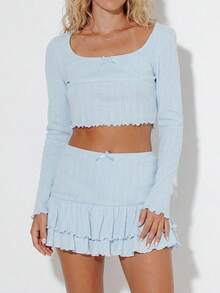 Pimkie Edition Bộ áo croptop và chân váy bèo nhún màu trơn - Màu xanh lam - Xem 1