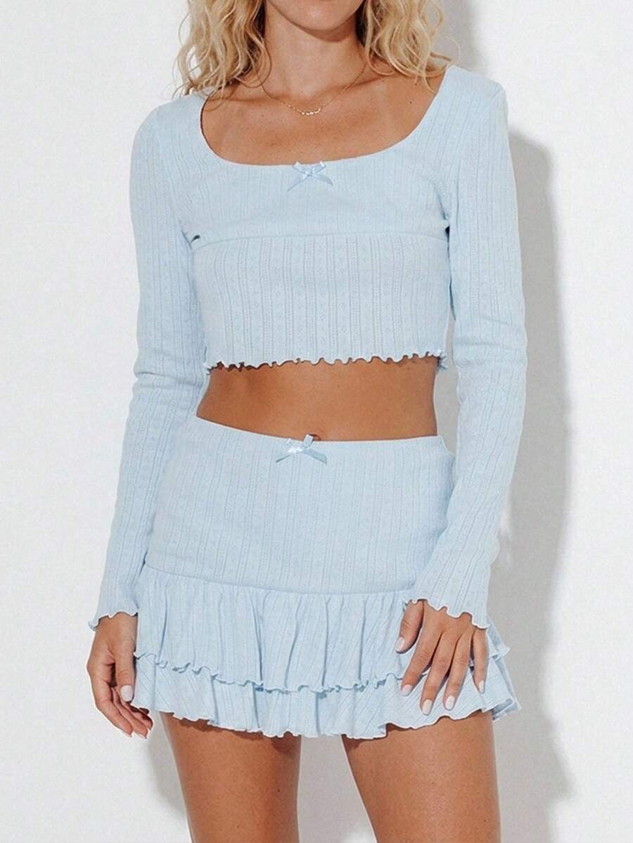 Pimkie Edition Bộ áo croptop và chân váy bèo nhún màu trơn - Màu xanh lam - Xem 1