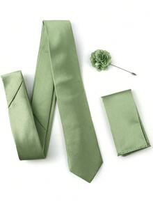 3pcs Men's Green Ribbed Tie Set, 1pc 6cm Tie, 1pc Pocket Square, 1pc Lapel Pin, Suitable For Groom Wedding, Party And Daily Work Wear - Green - View 3