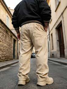Plus Size Men's Corduroy Pants, Elastic Drawstring Waist Loose Wide Leg Cargo Pants, Casual Street Style Loose Long Pants - Apricot - View 2