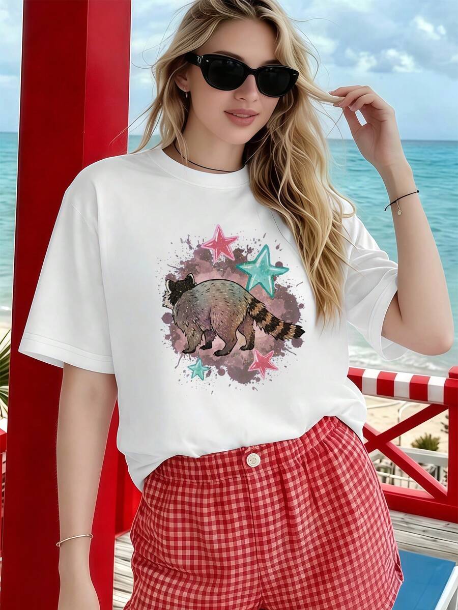 Women's Raccoon Graphic T-Shirt Spring Soft Cotton Print Street Hip Hop Breathable - White - View 1