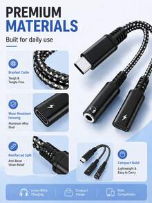 2-In-1 USB-C To 3.5mm Headphone Jack & 60W Fast Charging Adapter, Braided Audio Splitter Cable For USB-C Phones & Tablets, Black - Black - View 2