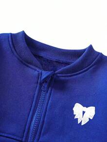 Young Girl Bow Pattern Print Baseball Collar Zip-Up Top And Pants - Blue - View 3